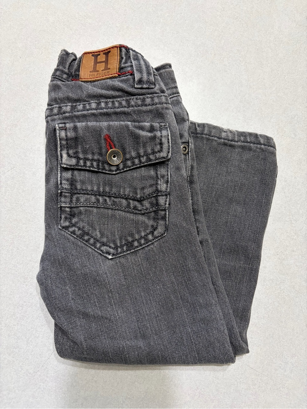 Tommy Hilfiger Kids Gray Denim Jeans with Brown Leather Signature Patch